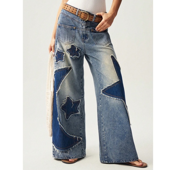 Western Medium Wash Star Patch Denim Jean Wide leg Pants - Picture 3 of 6